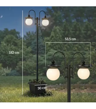 Farola Solar Exterior de Jardín con Macetero 2 Cabezales Impermeable IP44 Encendido/Apagado Automático Altura Ajustable