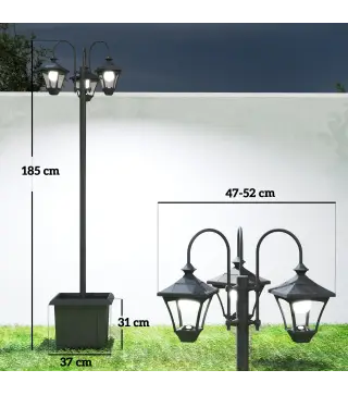 Farola Solar Exterior de Jardín con Macetero 3 Cabezales Impermeable Encendido/Apagado Automático y Altura Ajustable