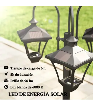 Farola Solar Exterior de Jardín con Macetero 3 Cabezales Impermeable Encendido/Apagado Automático y Altura Ajustable