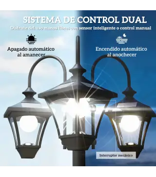 Farola Solar Exterior de Jardín con Macetero 3 Cabezales Impermeable Encendido/Apagado Automático y Altura Ajustable