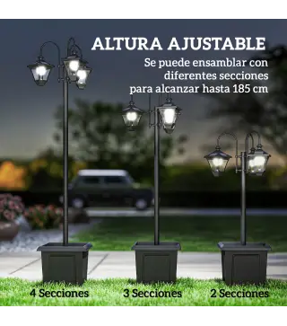 Farola Solar Exterior de Jardín con Macetero 3 Cabezales Impermeable Encendido/Apagado Automático y Altura Ajustable