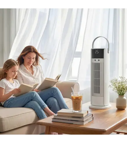 Ventilador de Escritorio con Niebla Luz RGB3 Velocidades Oscilación de 90° Temporizador de 10H Control Remoto Blanco