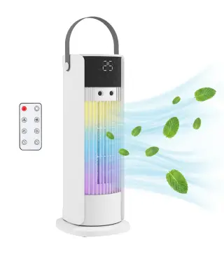 Ventilador de Escritorio con Niebla Luz RGB3 Velocidades Oscilación de 90° Temporizador de 10H Control Remoto Blanco