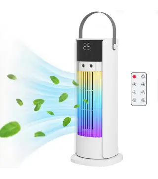 Ventilador de Escritorio con Niebla Luz RGB3 Velocidades Oscilación de 90° Temporizador de 10H Control Remoto Blanco