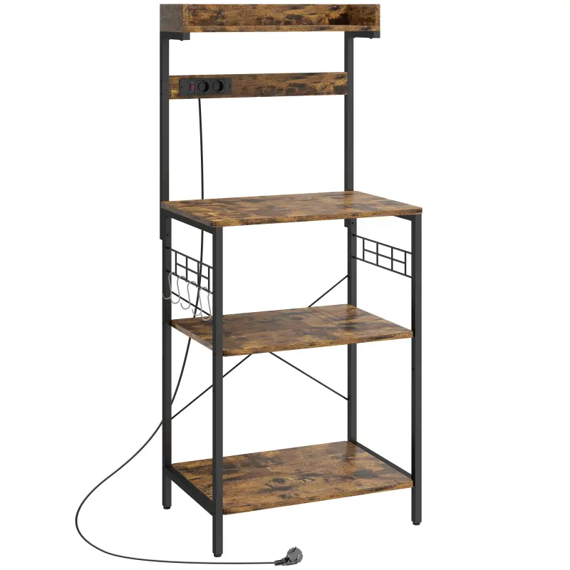 Estantería de Cocina con 2 Tomacorrientes Estante para Microondas Estante Ajustable Ganchos 60x42x137 cm Marrón Rústico