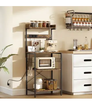 Estantería de Cocina con 2 Tomacorrientes Estante para Microondas Estante Ajustable Ganchos 60x42x137 cm Marrón Rústico