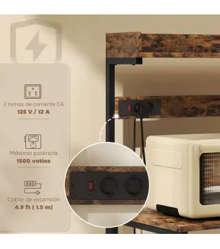 Estantería de Cocina con 2 Tomacorrientes Estante para Microondas Estante Ajustable Ganchos 60x42x137 cm Marrón Rústico