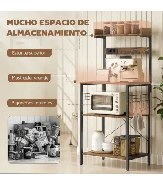 Estantería de Cocina con 2 Tomacorrientes Estante para Microondas Estante Ajustable Ganchos 60x42x137 cm Marrón Rústico