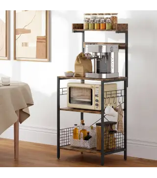 Estantería de Cocina con 2 Tomacorrientes Estante para Microondas Estante Ajustable Ganchos 60x42x137 cm Marrón Rústico