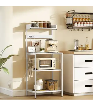 Estantería de Cocina con 2 Tomacorrientes Estante para Microondas Estante Ajustable Ganchos 60x42x137 cm Blanco