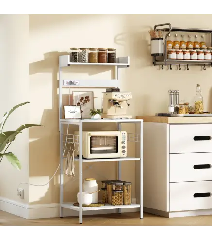 Estantería de Cocina con 2 Tomacorrientes Estante para Microondas Estante Ajustable Ganchos 60x42x137 cm Blanco