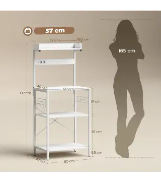 Estantería de Cocina con 2 Tomacorrientes Estante para Microondas Estante Ajustable Ganchos 60x42x137 cm Blanco