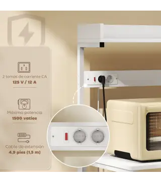 Estantería de Cocina con 2 Tomacorrientes Estante para Microondas Estante Ajustable Ganchos 60x42x137 cm Blanco