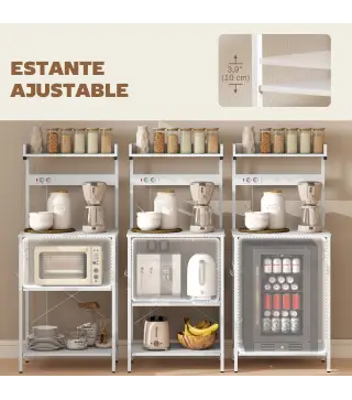 Estantería de Cocina con 2 Tomacorrientes Estante para Microondas Estante Ajustable Ganchos 60x42x137 cm Blanco