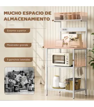 Estantería de Cocina con 2 Tomacorrientes Estante para Microondas Estante Ajustable Ganchos 60x42x137 cm Blanco