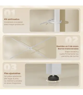 Estantería de Cocina con 2 Tomacorrientes Estante para Microondas Estante Ajustable Ganchos 60x42x137 cm Blanco