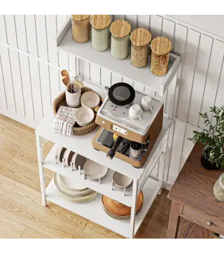 Estantería de Cocina con 2 Tomacorrientes Estante para Microondas Estante Ajustable Ganchos 60x42x137 cm Blanco