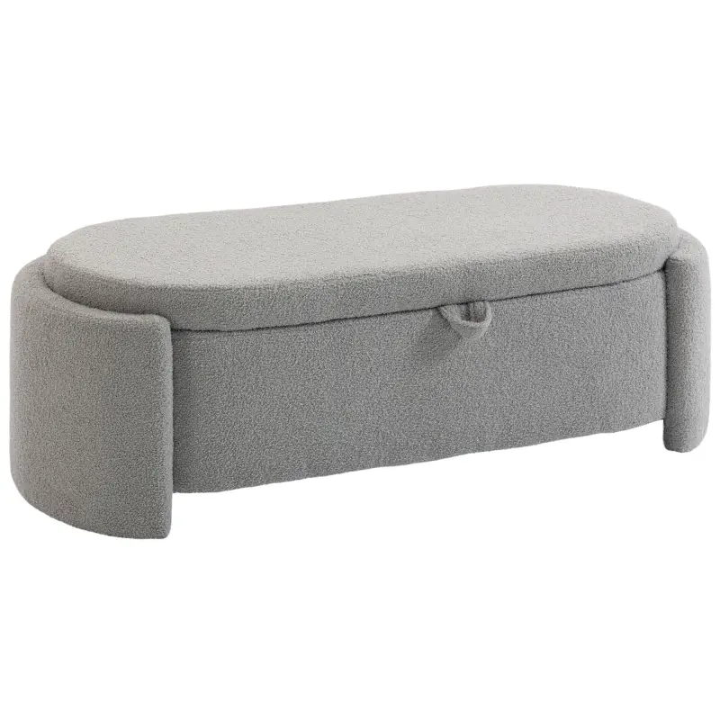 Puff Almacenaje Banco Almacenaje Ovalado 129x48,5x44 cm Tapizado en Terciopelo de Teddy Carga 200 kg Gris Claro