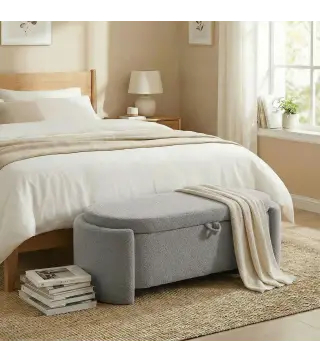 Puff Almacenaje Banco Almacenaje Ovalado 129x48,5x44 cm Tapizado en Terciopelo de Teddy Carga 200 kg Gris Claro