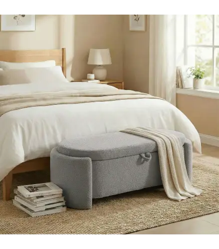 Puff Almacenaje Banco Almacenaje Ovalado 129x48,5x44 cm Tapizado en Terciopelo de Teddy Carga 200 kg Gris Claro