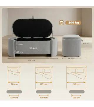 Puff Almacenaje Banco Almacenaje Ovalado 129x48,5x44 cm Tapizado en Terciopelo de Teddy Carga 200 kg Gris Claro