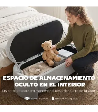 Puff Almacenaje Banco Almacenaje Ovalado 129x48,5x44 cm Tapizado en Terciopelo de Teddy Carga 200 kg Gris Claro