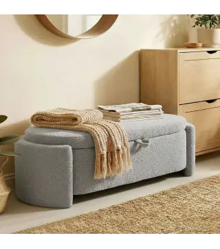 Puff Almacenaje Banco Almacenaje Ovalado 129x48,5x44 cm Tapizado en Terciopelo de Teddy Carga 200 kg Gris Claro