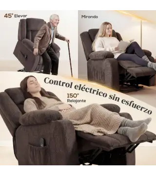Sillón Relax Reclinable Eléctrico Levanta Personas con Puerto USB Control Remoto Asiento Ancho Reposapiés Marrón