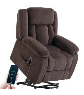 Sillón Relax Reclinable Eléctrico Levanta Personas con Puerto USB Control Remoto Asiento Ancho Reposapiés Marrón