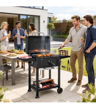 Barbacoa de Carbón Portátil con Bandeja y Ventilación Ajustable Gran Parrilla Estantes Laterales Termómetro y Ruedas