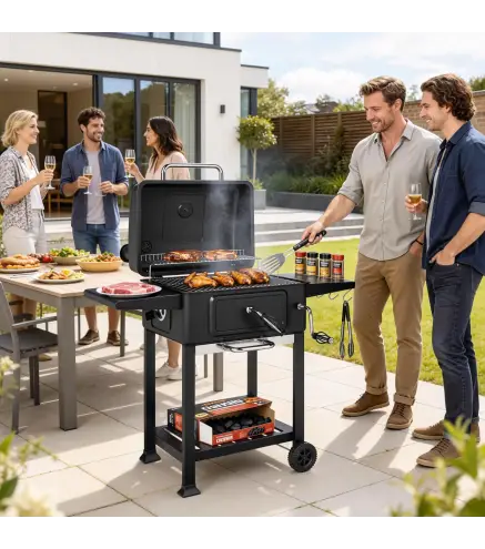 Barbacoa de Carbón Portátil con Bandeja y Ventilación Ajustable Gran Parrilla Estantes Laterales Termómetro y Ruedas