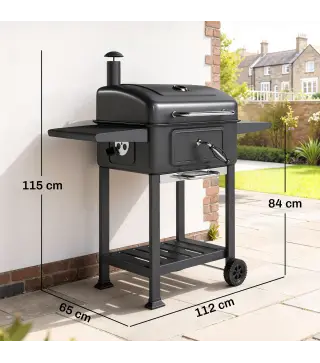 Barbacoa de Carbón Portátil con Bandeja y Ventilación Ajustable Gran Parrilla Estantes Laterales Termómetro y Ruedas