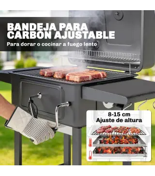 Barbacoa de Carbón Portátil con Bandeja y Ventilación Ajustable Gran Parrilla Estantes Laterales Termómetro y Ruedas