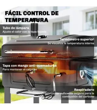 Barbacoa de Carbón Portátil con Bandeja y Ventilación Ajustable Gran Parrilla Estantes Laterales Termómetro y Ruedas