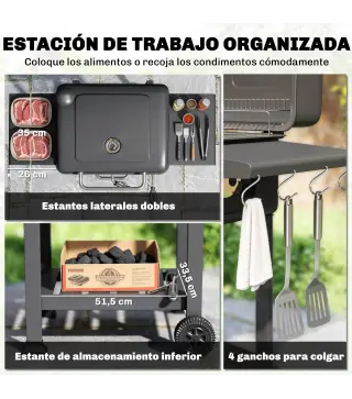 Barbacoa de Carbón Portátil con Bandeja y Ventilación Ajustable Gran Parrilla Estantes Laterales Termómetro y Ruedas