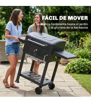 Barbacoa de Carbón Portátil con Bandeja y Ventilación Ajustable Gran Parrilla Estantes Laterales Termómetro y Ruedas