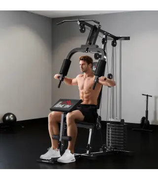 Máquina de Musculación con Pesas Ajustables de 65 kg Prensa de Pecho y Piernas Polea 135x103x210 cm Negro