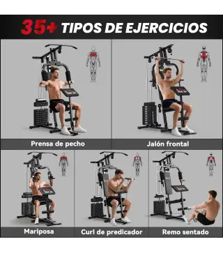 Máquina de Musculación con Pesas Ajustables de 65 kg Prensa de Pecho y Piernas Polea 135x103x210 cm Negro