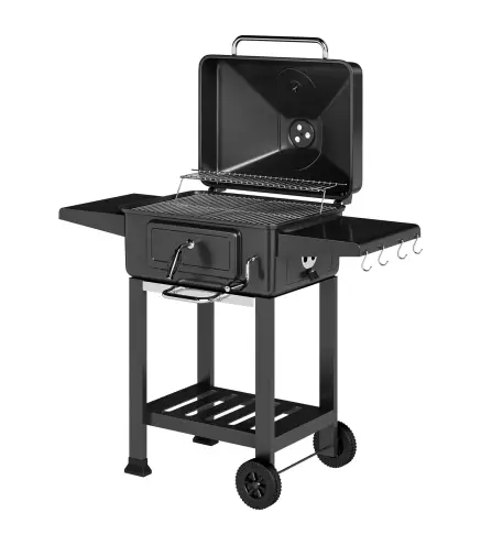 Barbacoa de Carbón con Bandeja y Ventilación Ajustable Estantes Laterales Ruedas Termómetro Tapa y Puerta