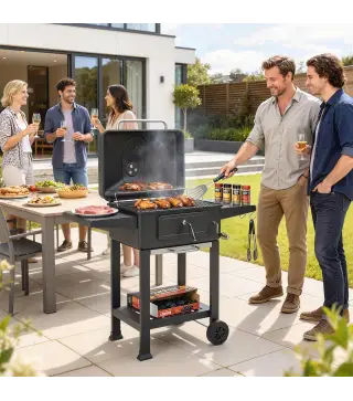 Barbacoa de Carbón con Bandeja y Ventilación Ajustable Estantes Laterales Ruedas Termómetro Tapa y Puerta