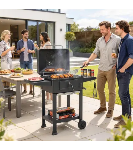 Barbacoa de Carbón con Bandeja y Ventilación Ajustable Estantes Laterales Ruedas Termómetro Tapa y Puerta