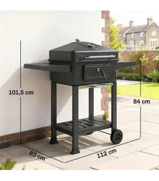 Barbacoa de Carbón con Bandeja y Ventilación Ajustable Estantes Laterales Ruedas Termómetro Tapa y Puerta