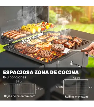 Barbacoa de Carbón con Bandeja y Ventilación Ajustable Estantes Laterales Ruedas Termómetro Tapa y Puerta