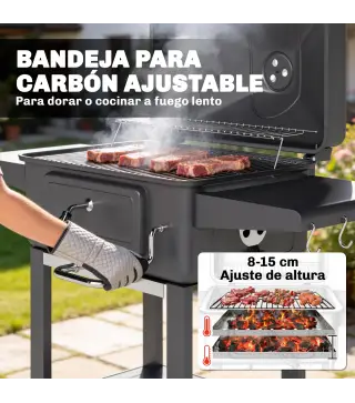 Barbacoa de Carbón con Bandeja y Ventilación Ajustable Estantes Laterales Ruedas Termómetro Tapa y Puerta