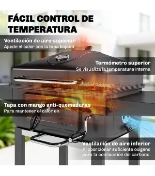 Barbacoa de Carbón con Bandeja y Ventilación Ajustable Estantes Laterales Ruedas Termómetro Tapa y Puerta