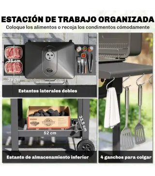 Barbacoa de Carbón con Bandeja y Ventilación Ajustable Estantes Laterales Ruedas Termómetro Tapa y Puerta