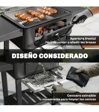 Barbacoa de Carbón con Bandeja y Ventilación Ajustable Estantes Laterales Ruedas Termómetro Tapa y Puerta