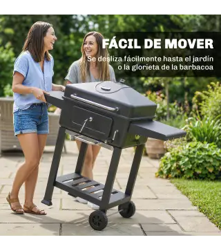 Barbacoa de Carbón con Bandeja y Ventilación Ajustable Estantes Laterales Ruedas Termómetro Tapa y Puerta
