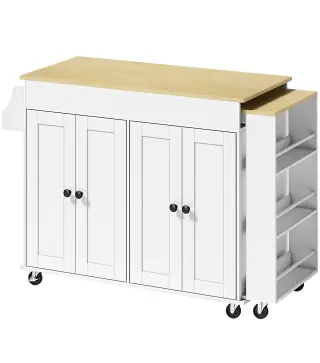 Isla de Cocina con Ruedas Encimera Extensible 4 Puertas Estantes Ajustables Especiero y Soporte para Toallas Blanco