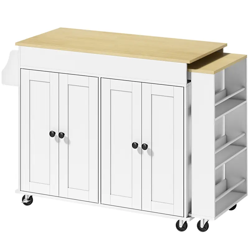 Isla de Cocina con Ruedas Encimera Extensible 4 Puertas Estantes Ajustables Especiero y Soporte para Toallas Blanco